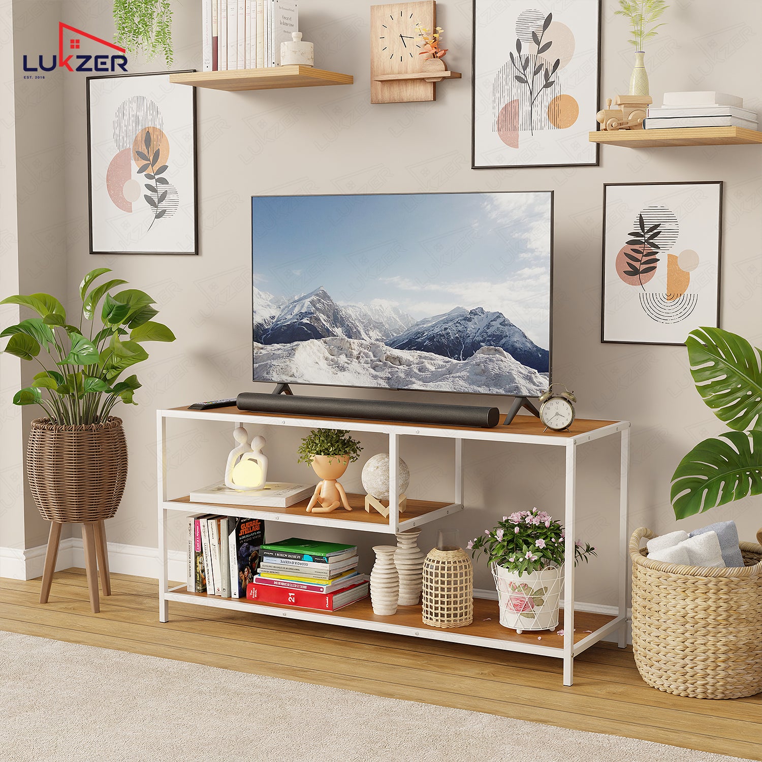 Lukzer Metal & Engineered Wood TV Unit Stand with Open Shelves (MTU-001) White & Oak Brown