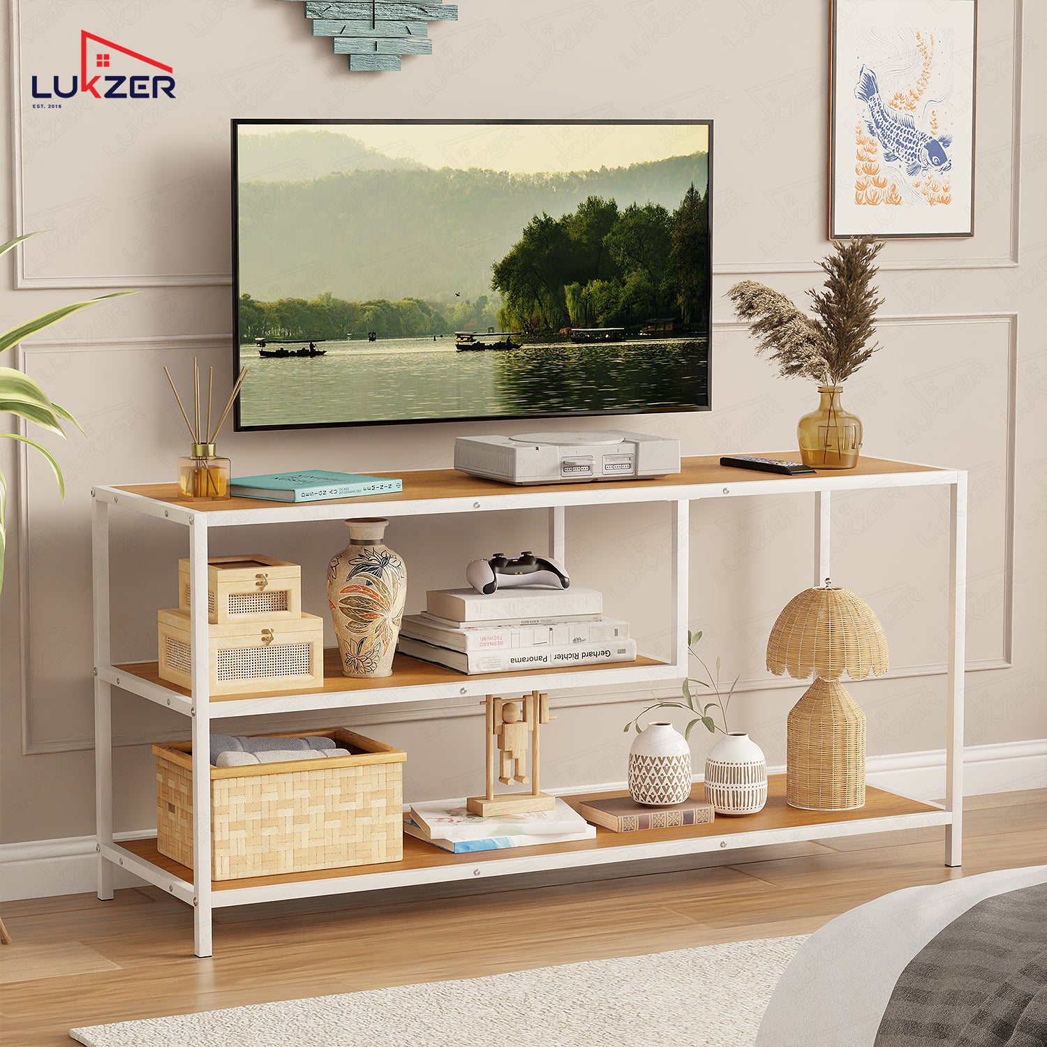 Lukzer Metal & Engineered Wood TV Unit Stand with Open Shelves (MTU-001) White & Oak Brown