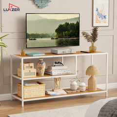 Lukzer Metal & Engineered Wood TV Unit Stand with Open Shelves (MTU-001) White & Oak Brown