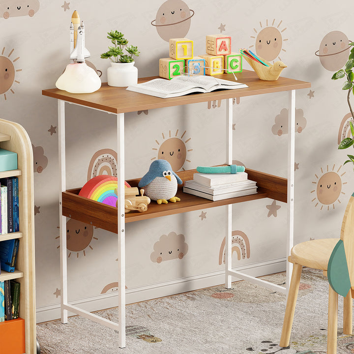 Lukzer Metal & Engineered Wood Kids Study Table with Open Shelf (MST-004S/White & Oak Brown)