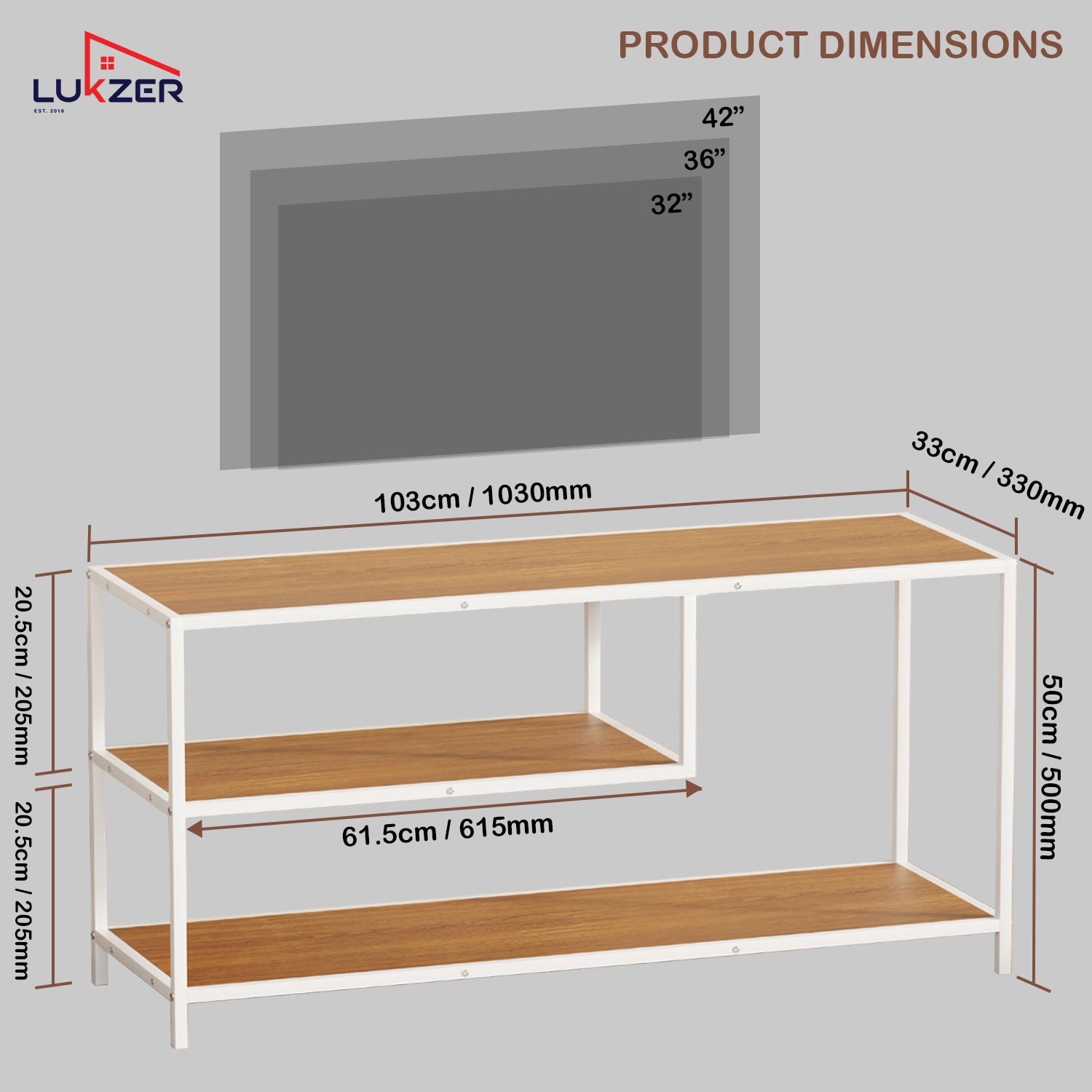Lukzer Metal & Engineered Wood TV Unit Stand with Open Shelves (MTU-001) White & Oak Brown