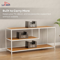 Lukzer Metal & Engineered Wood TV Unit Stand with Open Shelves (MTU-001) White & Oak Brown
