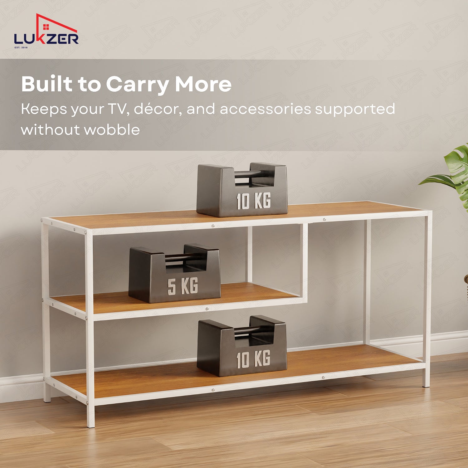 Lukzer Metal & Engineered Wood TV Unit Stand with Open Shelves (MTU-001) White & Oak Brown