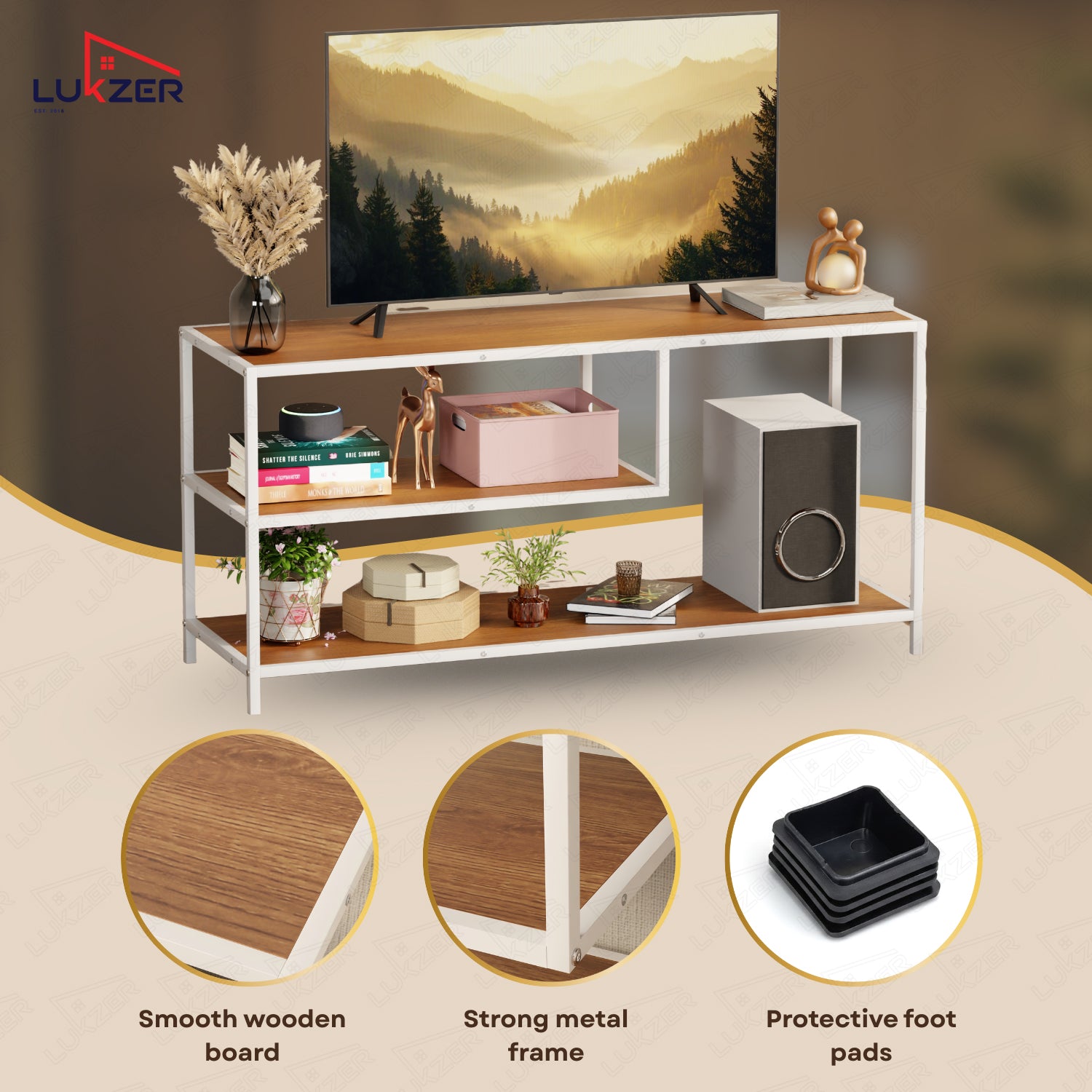 Lukzer Metal & Engineered Wood TV Unit Stand with Open Shelves (MTU-001) White & Oak Brown