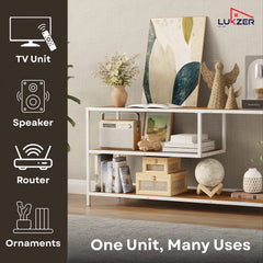 Lukzer Metal & Engineered Wood TV Unit Stand with Open Shelves (MTU-001) White & White