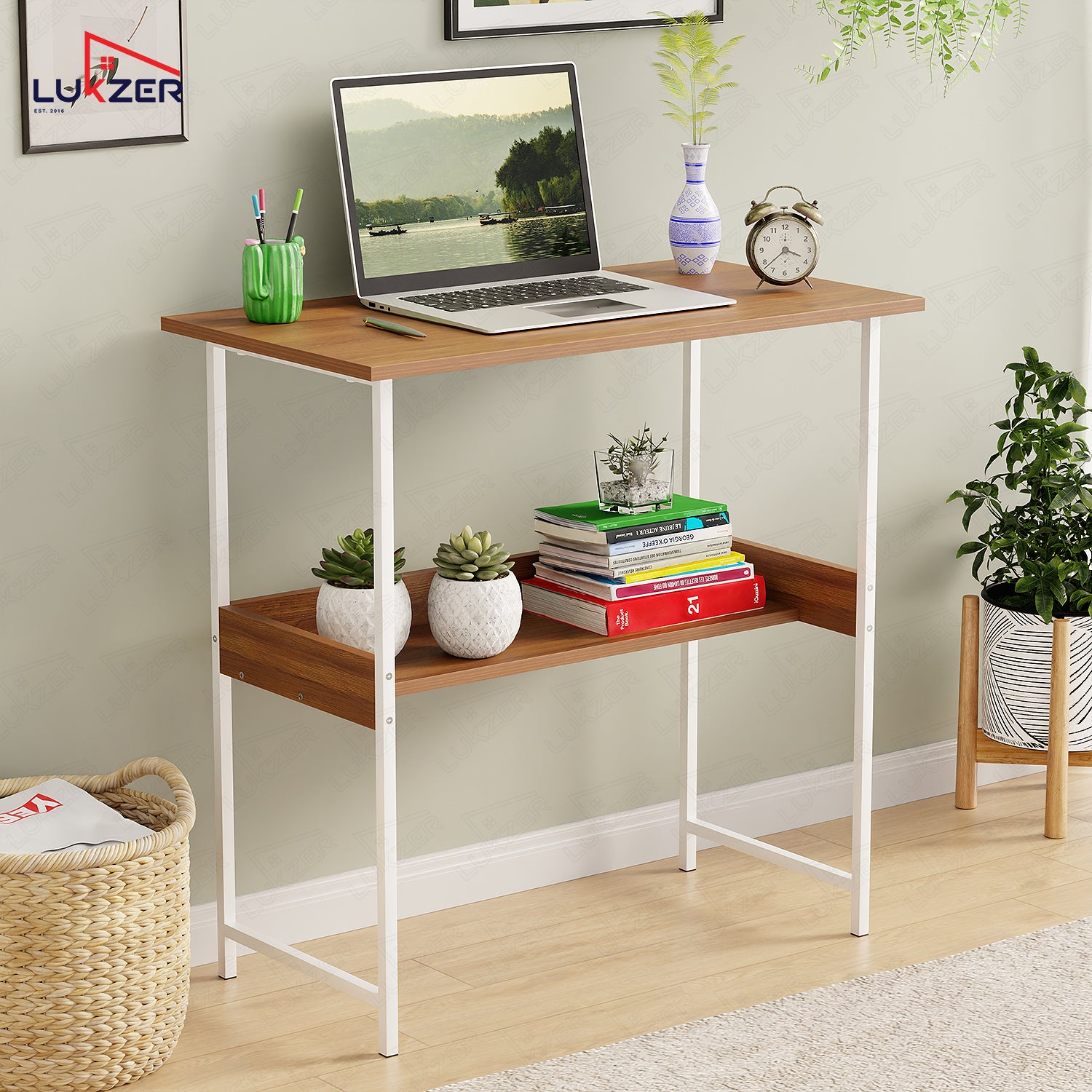 Lukzer Metal & Engineered Wood Kids Study Table with Open Shelf (MST-004S/White & Oak Brown)