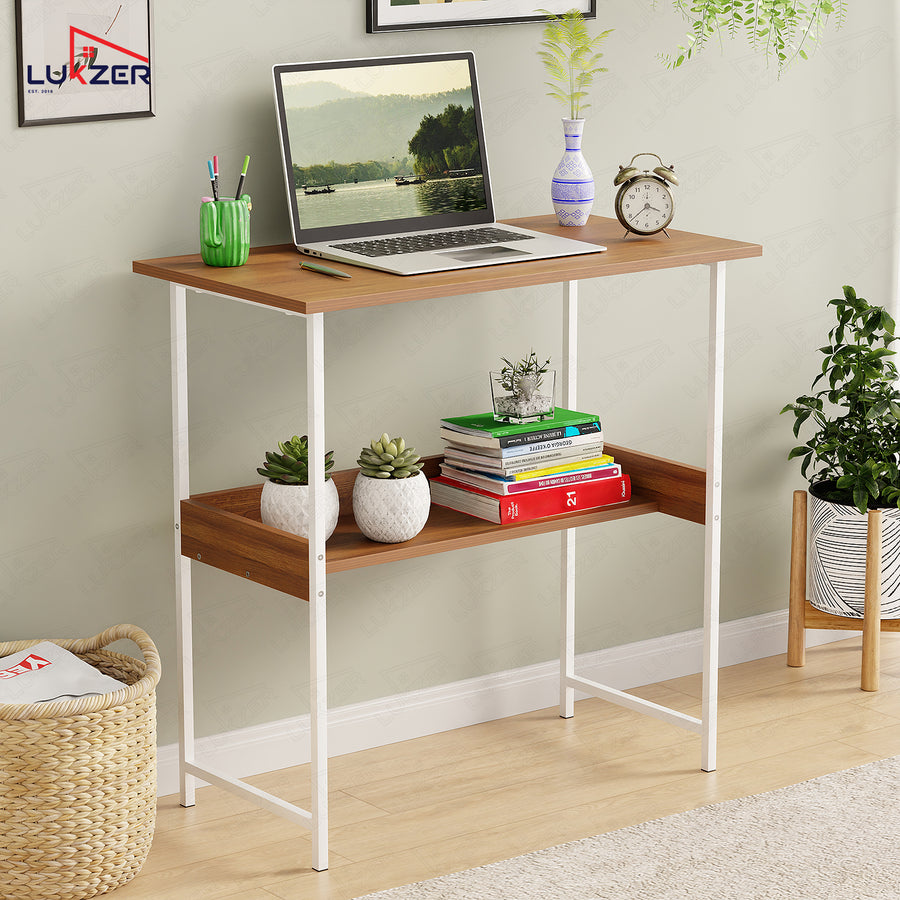 Lukzer Metal & Engineered Wood Kids Study Table with Open Shelf (MST-004S/White & Oak Brown)