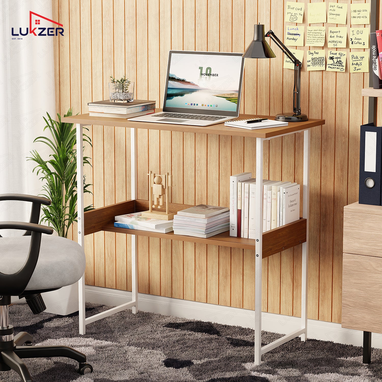 Lukzer Metal & Engineered Wood Kids Study Table with Open Shelf (MST-004S/White & Oak Brown)