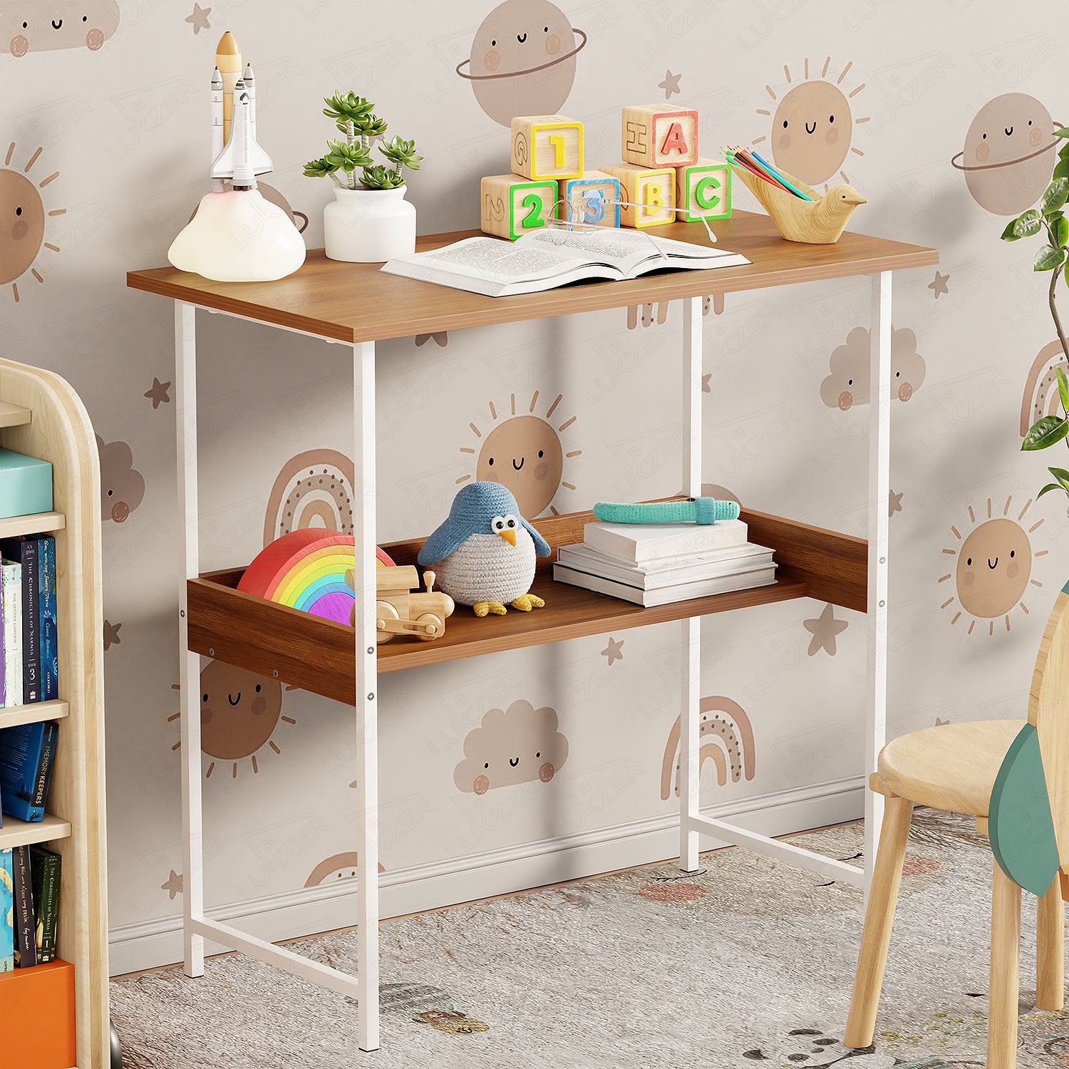 Lukzer Metal & Engineered Wood Kids Study Table with Open Shelf (MST-004S/White & Oak Brown)