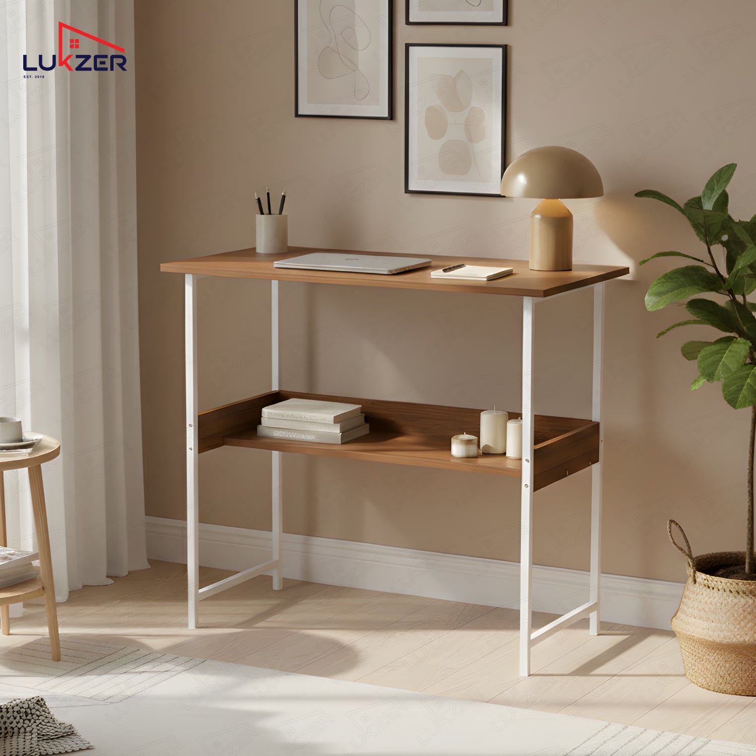 Lukzer Metal & Engineered Wood Kids Study Table with Open Shelf (MST-004S/White & Oak Brown)