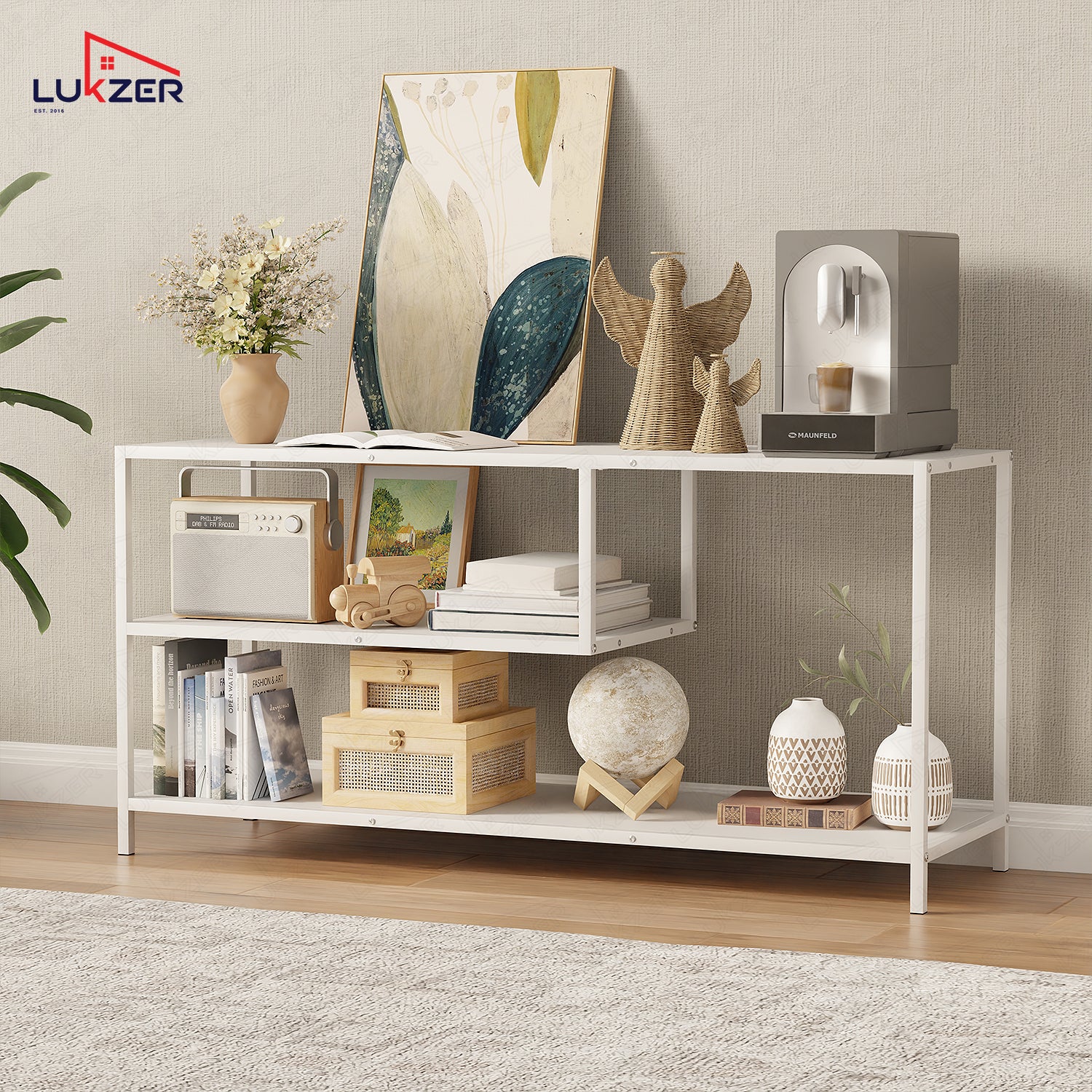 Lukzer Metal & Engineered Wood TV Unit Stand with Open Shelves (MTU-001) White & White