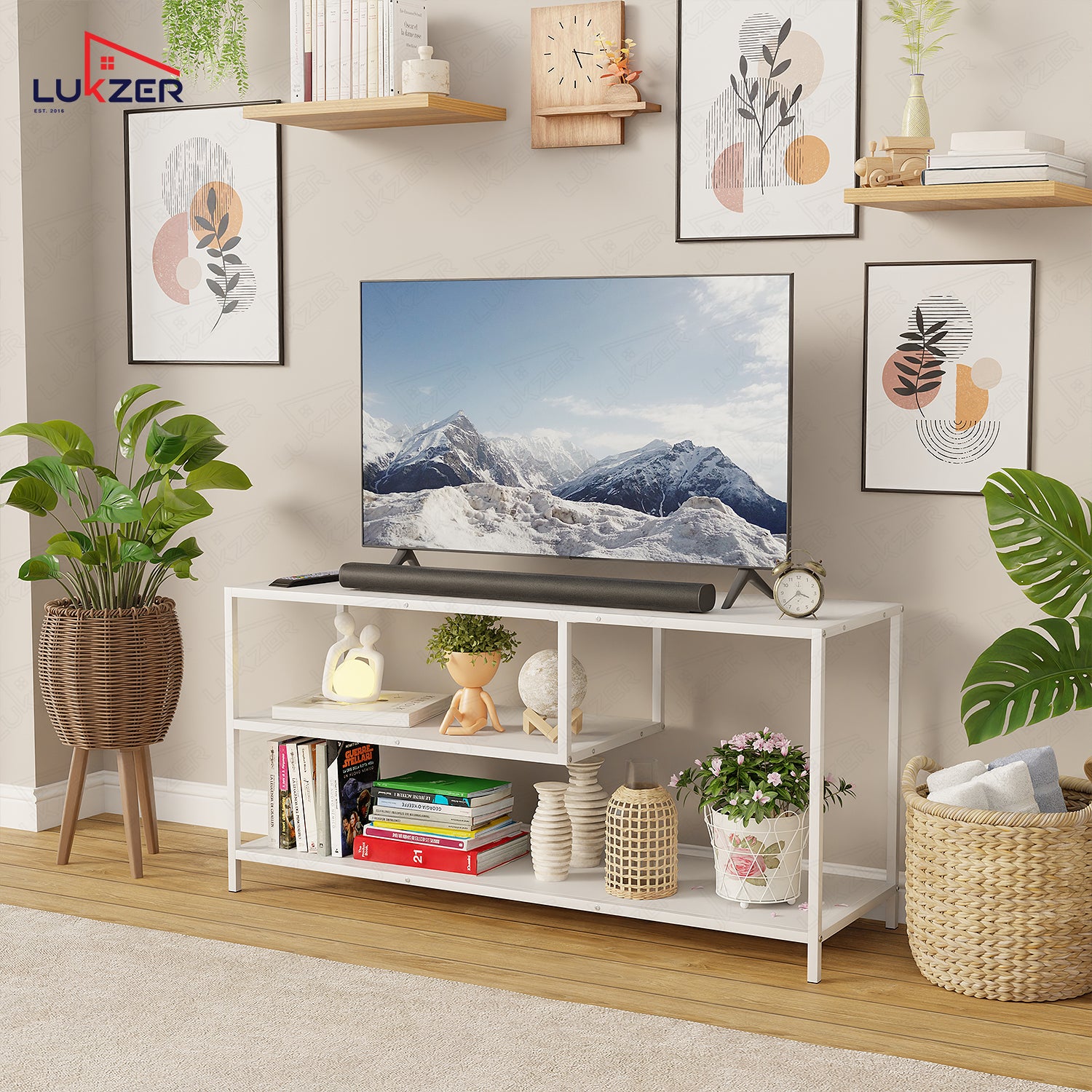 Lukzer Metal & Engineered Wood TV Unit Stand with Open Shelves (MTU-001) White & White