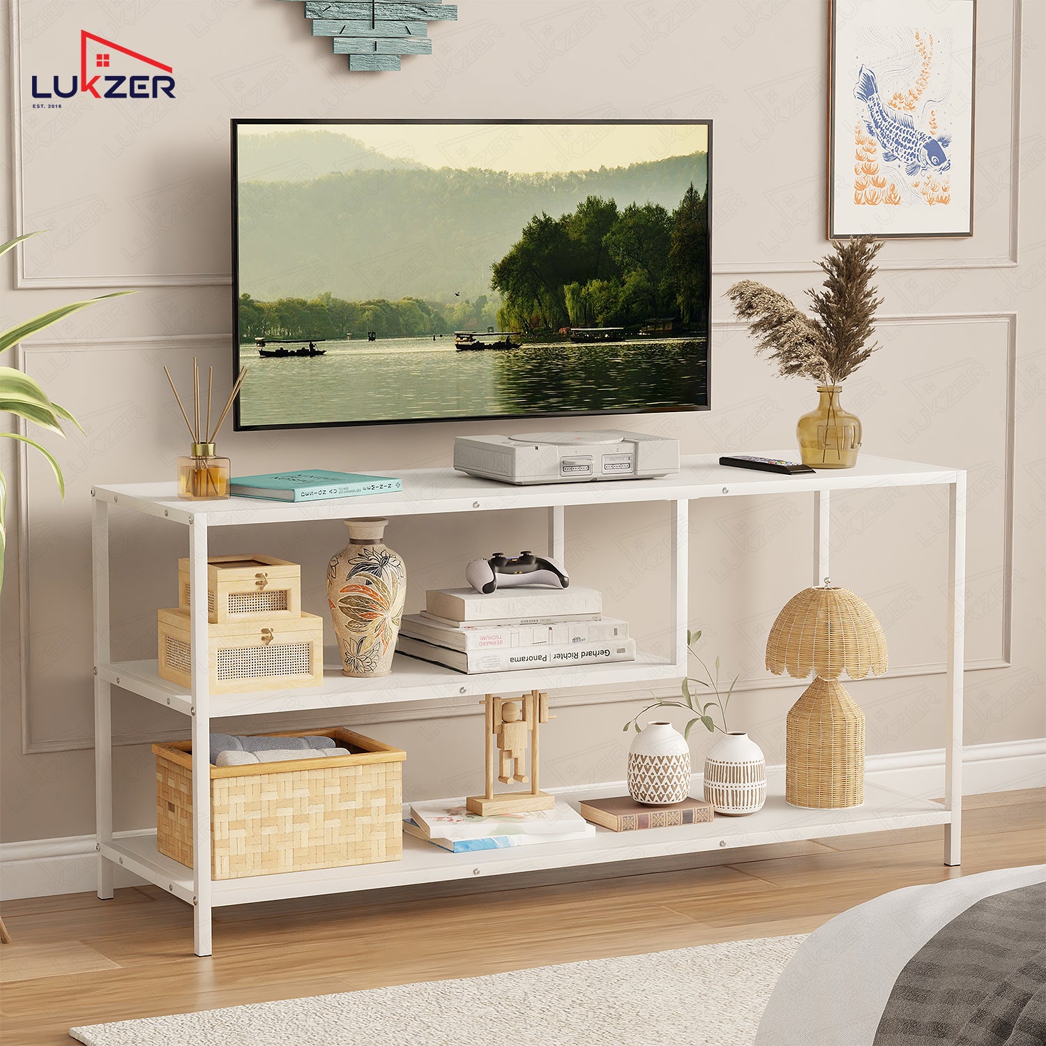 Lukzer Metal & Engineered Wood TV Unit Stand with Open Shelves (MTU-001) White & White