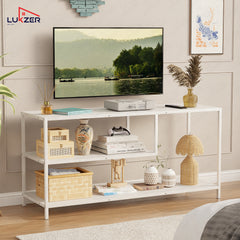 Lukzer Metal & Engineered Wood TV Unit Stand with Open Shelves (MTU-001) White & White