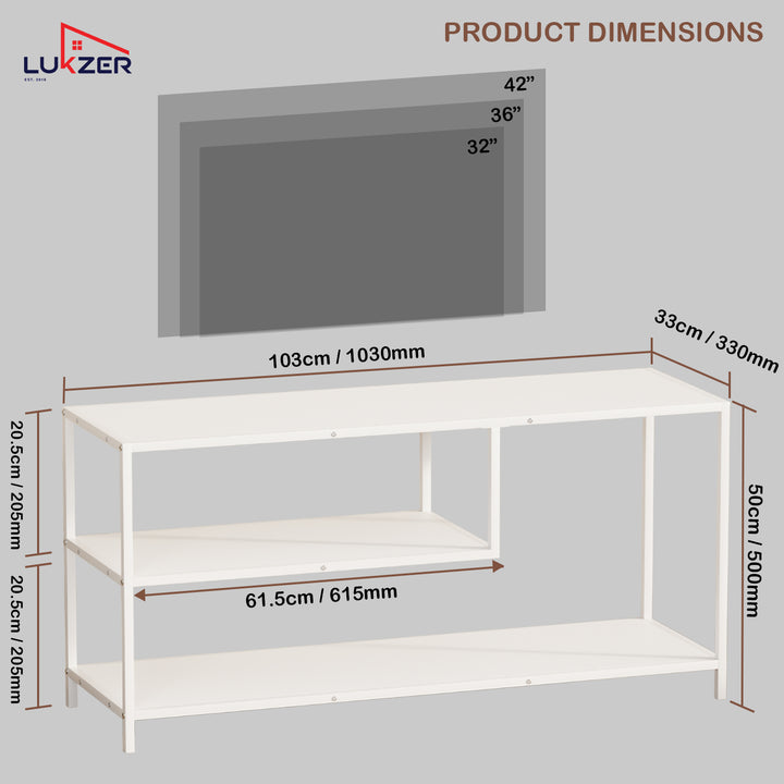 Lukzer Metal & Engineered Wood TV Unit Stand with Open Shelves (MTU-001) White & White