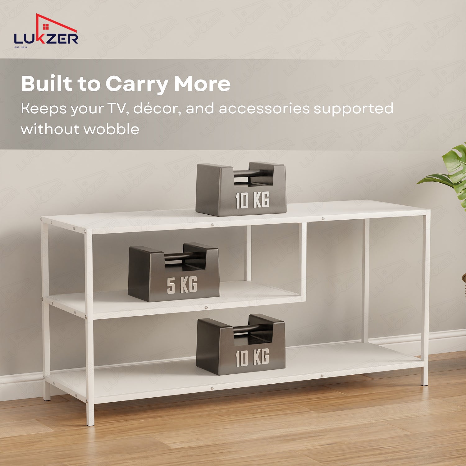 Lukzer Metal & Engineered Wood TV Unit Stand with Open Shelves (MTU-001) White & White