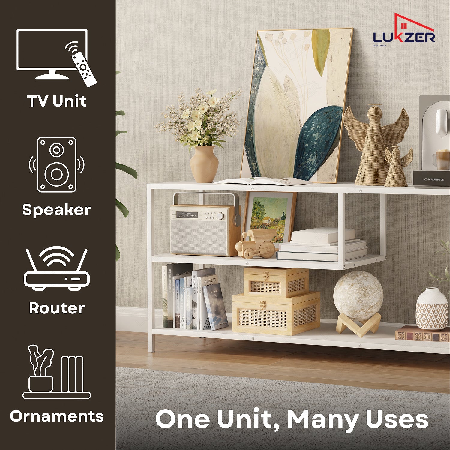 Lukzer Metal & Engineered Wood TV Unit Stand with Open Shelves (MTU-001) White & Oak Brown