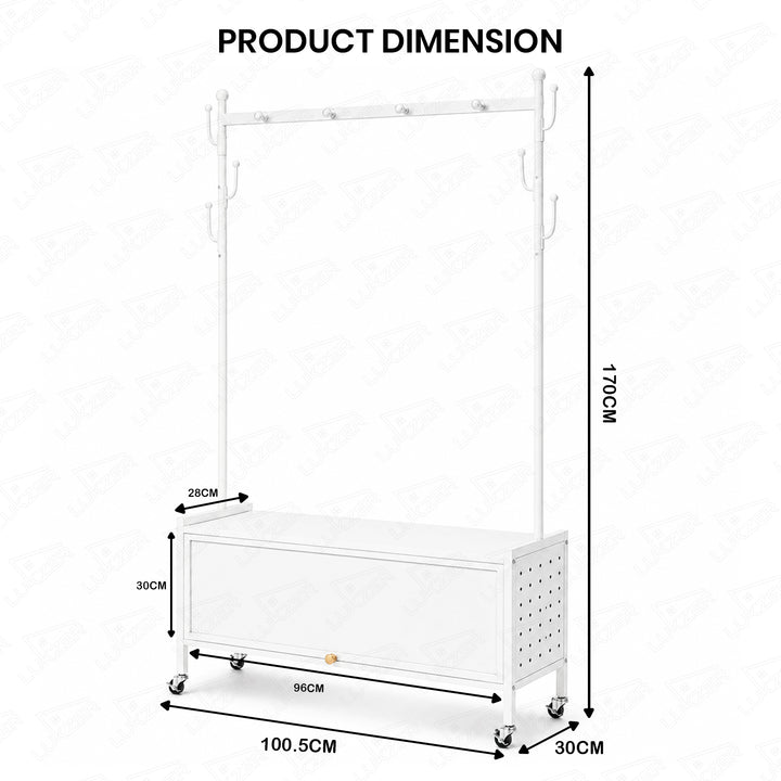 Lukzer Metal Garment Rack with Dust-Proof Storage Shelf & Multiple Hooks (White)