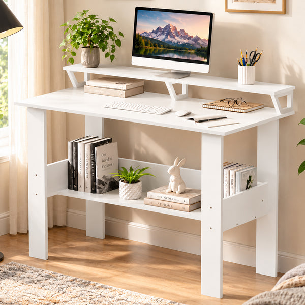 Lukzer Study Table with Monitor Riser & Open Book Shelf (MST-004/White)