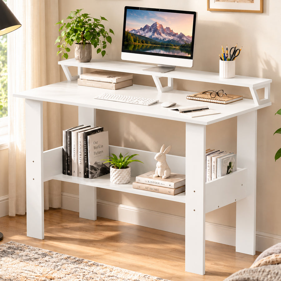 Lukzer Study Table with Monitor Riser & Open Book Shelf (MST-004/White)