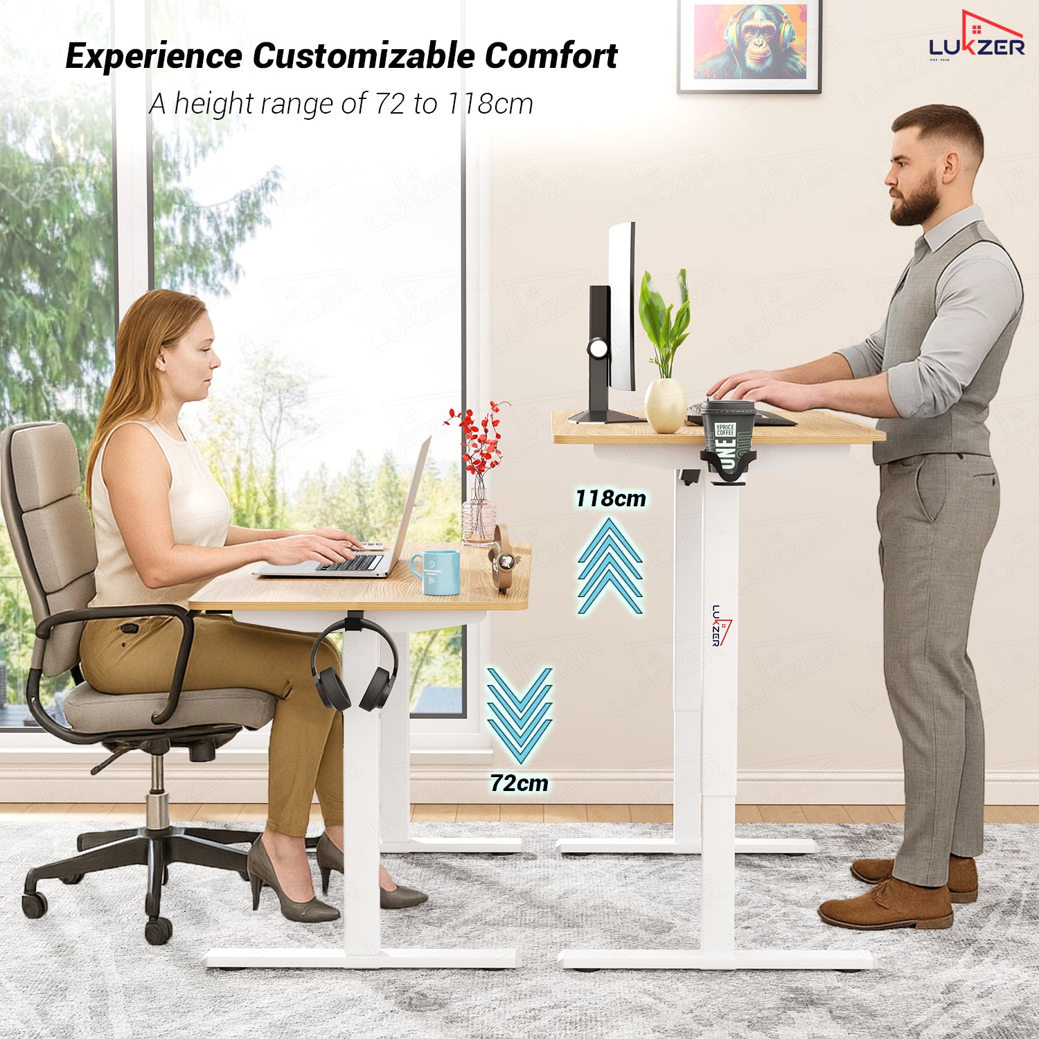 Lukzer Electric Automatic Height Adjustable Sit Stand Desk EST-003 ( White & Oak Light )